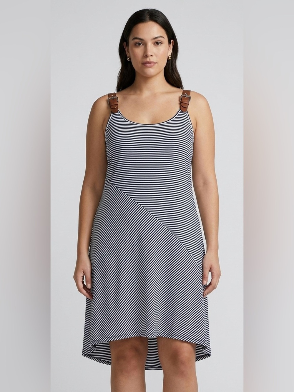 Michael‎ Kors Striped Asymmetrical Dress brown Leather Buckle Straps nautical
